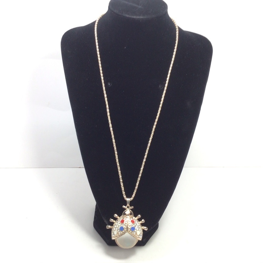 Vintage Ladybug Filigree Long Pendant Necklace
